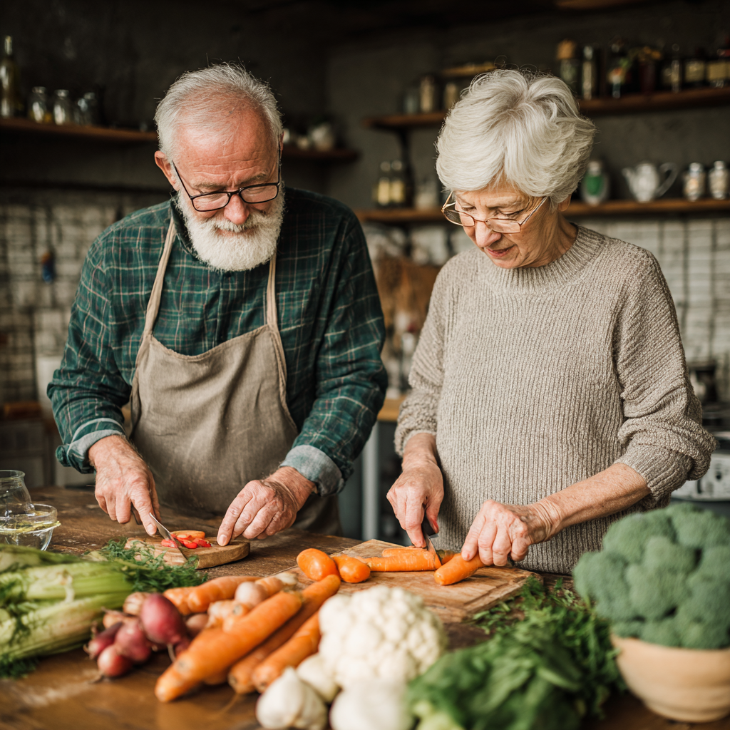 Older adults preparing immune-boosting natural foods together