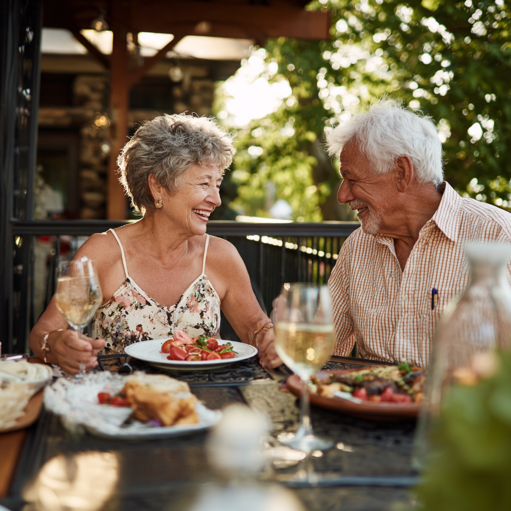 52 years couple enjoying meal outdoors
