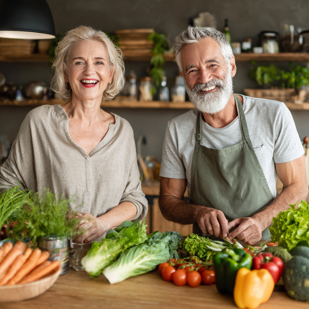 Middle-aged adults enjoying natural healthy lifestyle and fresh foods
